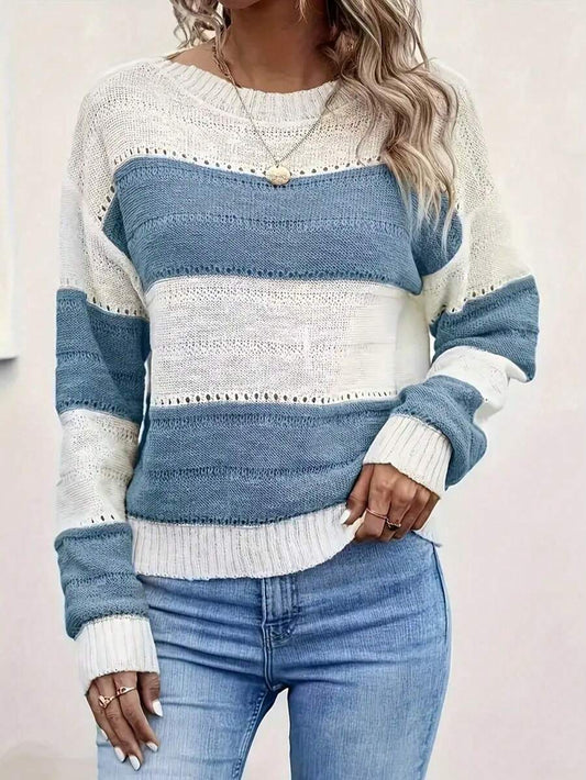 Kasia – Sweter w Paski z Otwartymi Splotami